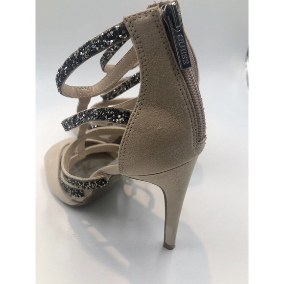 GUESS WGHALSTON Beige Sand‎ Metallic GRAY Rhinestone Heel Strappy Sandal Evening - Picture 5 of 11